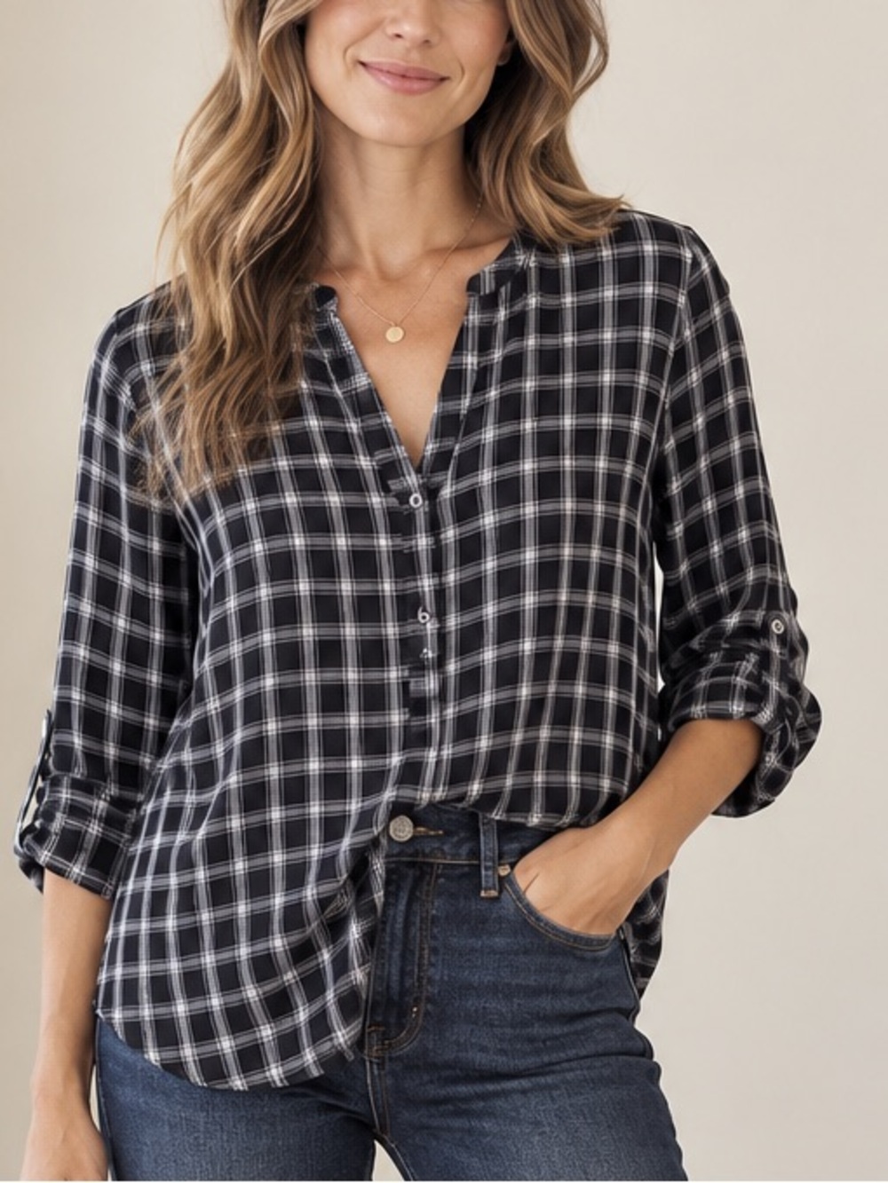 Soft Joie Black White Plaid Roll-Tab Sleeve Button Blouse Small